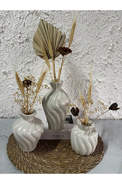 Zigzag Home Decorative Bohemian Style 3 Piece Twist Art Bohemian Style Vase Set Flower Vase Figurine Set Beige Color