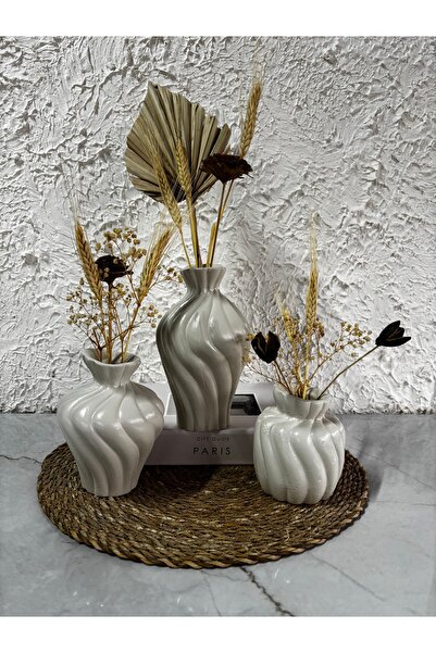 Zigzag Home Decorative Bohemian Style 3 Piece Twist Art Bohemian Style Vase Set Flower Vase Figurine Set Beige Color
