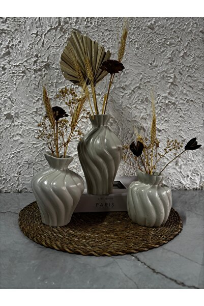 Zigzag Home Decorative Bohemian Style 3 Piece Twist Art Bohemian Style Vase Set Flower Vase Figurine Set Beige Color