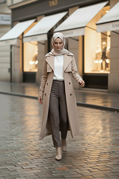 Zeneva Collection Yeni Bej - %100 Pamuk Uzun (110CM) Astarlı Kadın Tesettür Trençkot 1111-TES