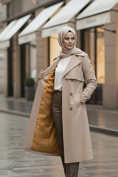 Zeneva Collection Yeni Bej - %100 Pamuk Uzun (110CM) Astarlı Kadın Tesettür Trençkot 1111-TES