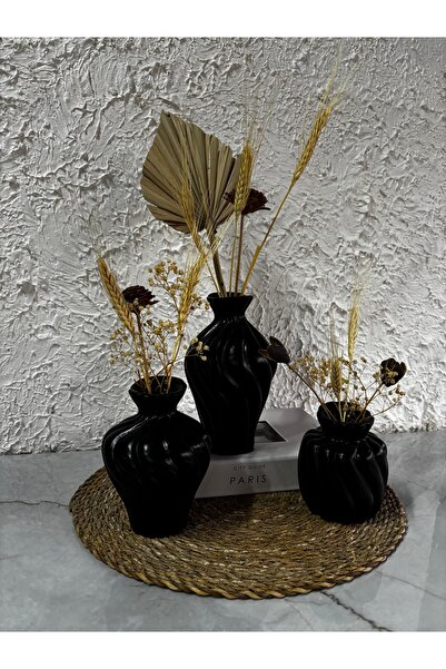 Zigzag Home Decorative Bohemian Style 3 Piece Twist Art Vase Set Flower Vase Figurine Set Black Color
