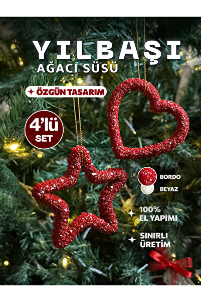 4’lü Set Kristal Dokulu El Yapımı Reçine Sevgililer Günü Süsü Kalp ve Yıldız Yılbaşı Hediyelik