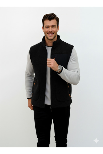 OXVİN Furry Plush Vest Woolen Lamb Welsoft Bone Zipper Pocket Detail (Full Size)