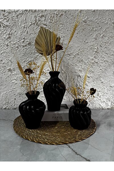 Zigzag Home Decorative Bohemian Style 3 Piece Twist Art Vase Set Flower Vase Figurine Set Black Color