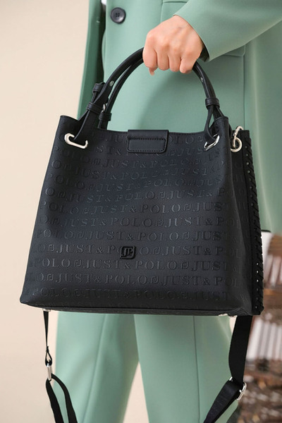 POLO CLUB حقيبة كتف وحقيبة يد نسائية بتفاصيل محبوكة سوداء مكونة من 4 أقسام (2...