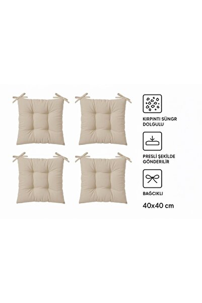 TEZKOTEKSTİL Bej 4'lü Kombin Pofudik Kare Sandalye Minderi 40 x 40 cm Açık Bej