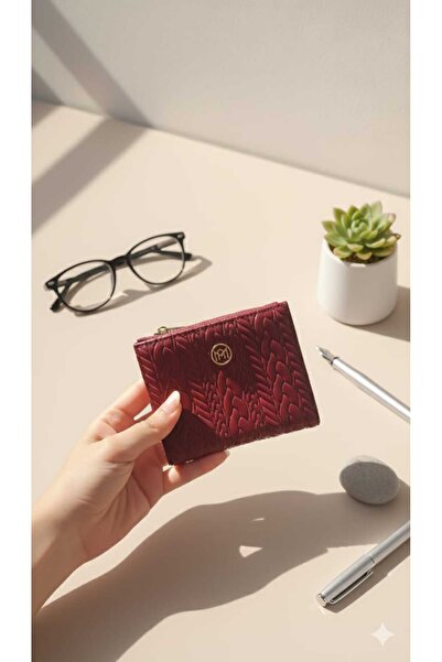 Uzs pace Embossed Knitted Detailed Medium Size Zippered Faux Leather Wallet Burgundy