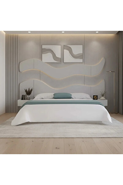 Stylish Home King bed 200x200 with wall decor and 2 modern nightstands, lighting not included - BD13-A