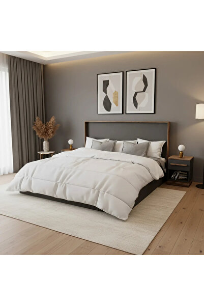 Stylish Home Grey and brown king size double bed with 2 nightstands - BD03