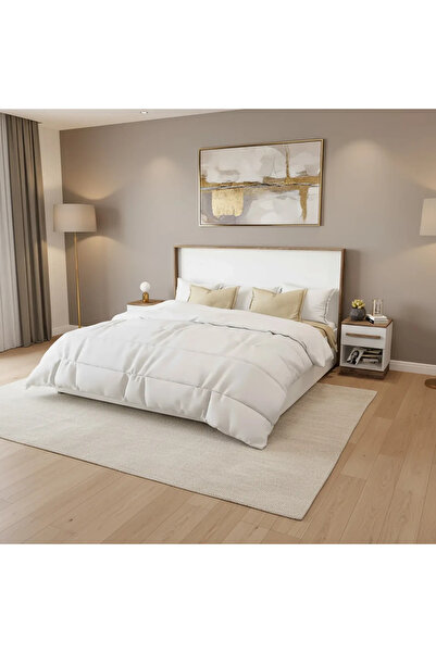Stylish Home White and brown double bed, king size, with 2 nightstands - BD03