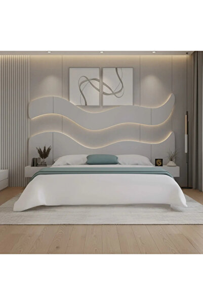 Stylish Home King bed 200x200 with wall decor and 2 modern nightstands, lighting not included - BD13-A