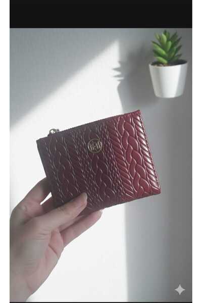Uzs pace Embossed Knitted Detailed Medium Size Zippered Faux Leather Wallet Burgundy