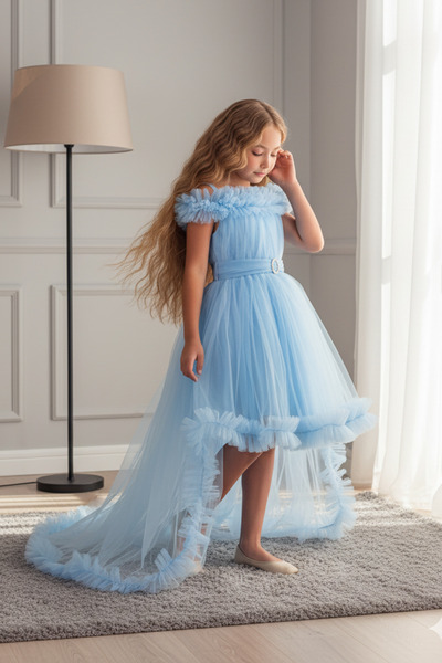 ABİYEKİDS Παιδικό βραδινό φόρεμα με μπλε τούλι με ουρά GarsonBoy ABY231