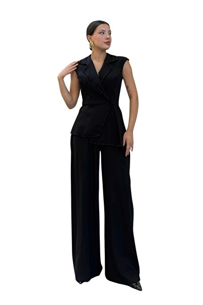 lodmela Asymmetrical Evening Dress Set with Beadwork Detail 2388-Black