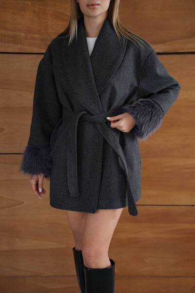 MAXXANA Feather Detailed Belted Shawl Collar Jacket