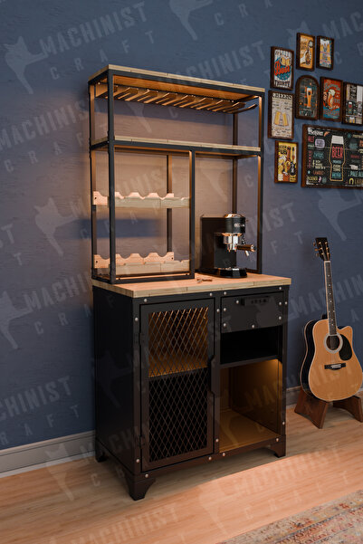 Genel Markalar Şık Ahşap Metal Bar Dolabı ve Şaraplık ile Kahve Köşesi Seti