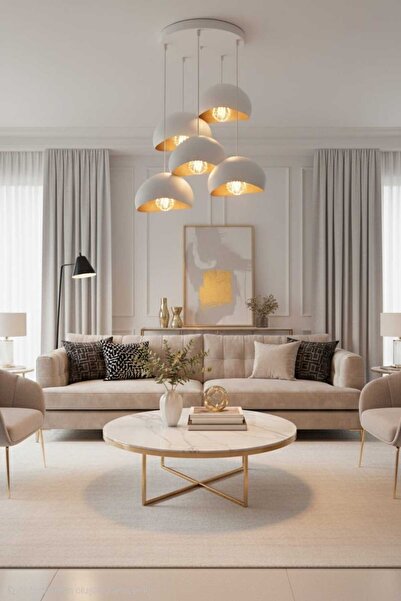 GLOBELUX Beton Görünümlü Beyaz İskandinav &Bohem Tarz 5’li Sarkıt Şık Avize (AMPUL HEDİYELİ)