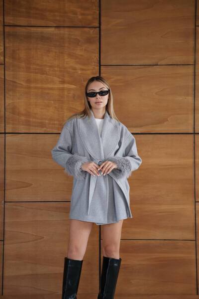 MAXXANA Feather Detailed Belted Shawl Collar Jacket