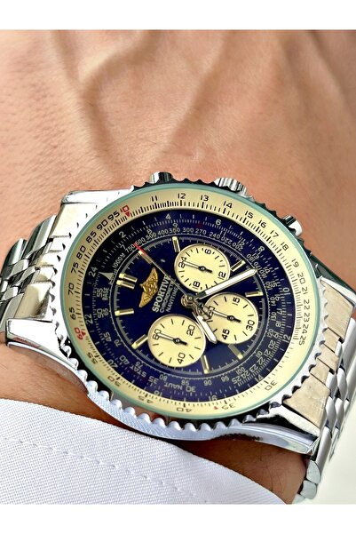 Sportive Silver Color Highlighted Scorpion Yelkovan Navy Blue Color Dial Steel Band Case Men's Wristwatch