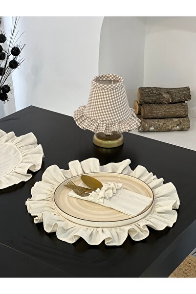 KaiAtelier 6Lı Natural Ham Keten Yuvarlak Fırfır Detaylı Amerikan Servis/ Supla