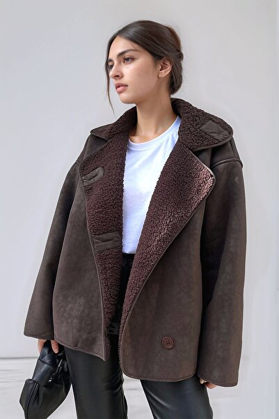 Paragon Else Bitter Brown Suede Textured Oversize Zr Model Coat with Plush Fur Inside