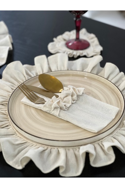 KaiAtelier Natural Keten Fırfırlı Çatal-Kaşık-Bıçak Kılıfı