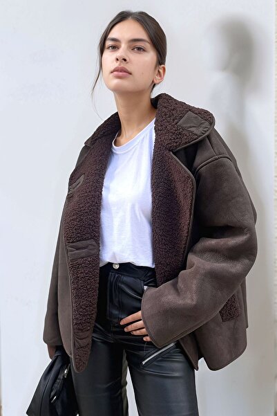 Paragon Else Bitter Brown Suede Textured Oversize Zr Model Coat with Plush Fur Inside