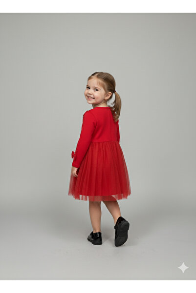 EFLİNS Girl's Dress, Red, with Tulle Skirt, Bow and Stone Details