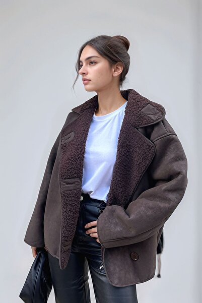 Paragon Else Bitter Brown Suede Textured Oversize Zr Model Coat with Plush Fur Inside