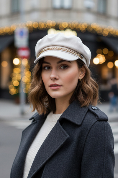 Kapin Zincir Detaylı Kaşe Kadın Balon Kasket Şapka - Ekru