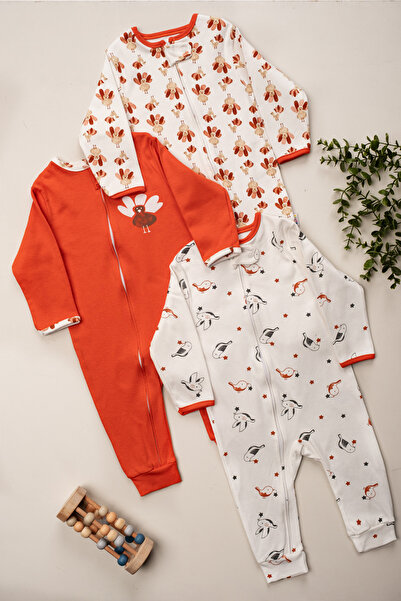 DEFNE LİNA BABY Kız Bebek Baskılı % 100 Pamuklu Fermuarlı Patiksiz 3lü Set Tu...