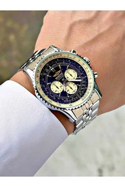 Sportive Silver Color Highlighted Scorpion Yelkovan Navy Blue Color Dial Steel Band Case Men's Wristwatch