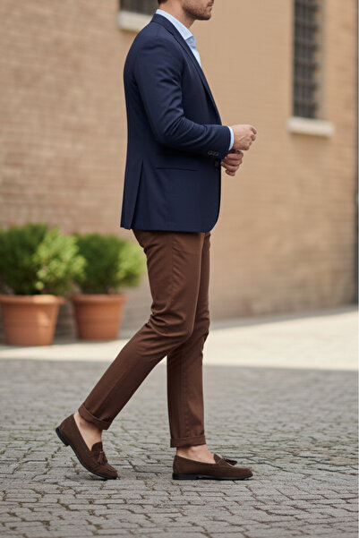 TheSeason Men's Cinnamon Brown Gabardine Cotton Slim Fit Stretch Chino Trousers