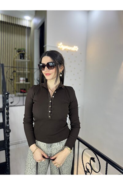 Butik Acı kahve Çelik triko boğazlı gömlek yaka gold düğmeli çizgi desen likr...