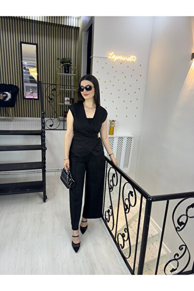 Butik Siyah süet gold kemer tokalı büzgü drapeli yelek beli lastikli pantolon...