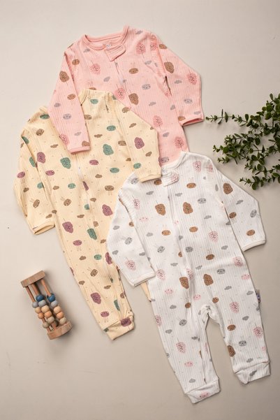 DEFNE LİNA BABY Kız Bebek Baskılı Pamuklu Manşetli 3lü Tulum Seti Renkli Dese...