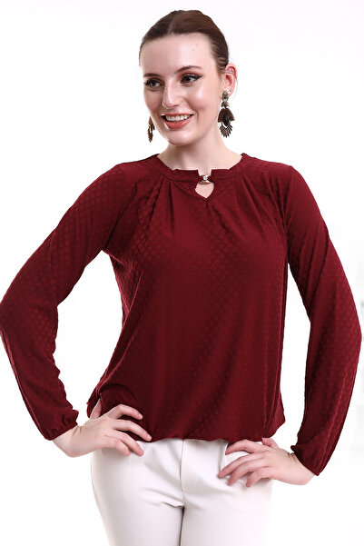 Şiir Kadoma Γυναικεία πλισέ μπλούζα με γιακά με αξεσουάρ, πλεκτή ζακάρ χτενισμένη βαμβακερή μακρυμάνικη μπλούζα & μπλούζα χιτζάμπ - Βουργουνδία