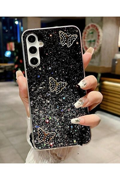 Rivor Samsung Galaxy A36 Uyumlu Kılıf Kamera Çıkıntılı Simli Kelebek Kabartma...