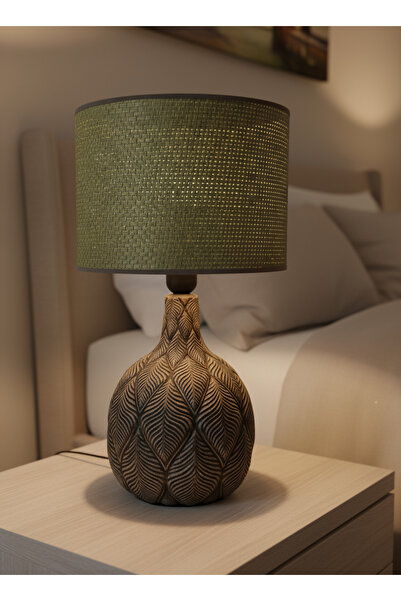 Otti Otte Leaves Haki Yeşil Hasır Başlıklı Modern Masa Lambası Abajur