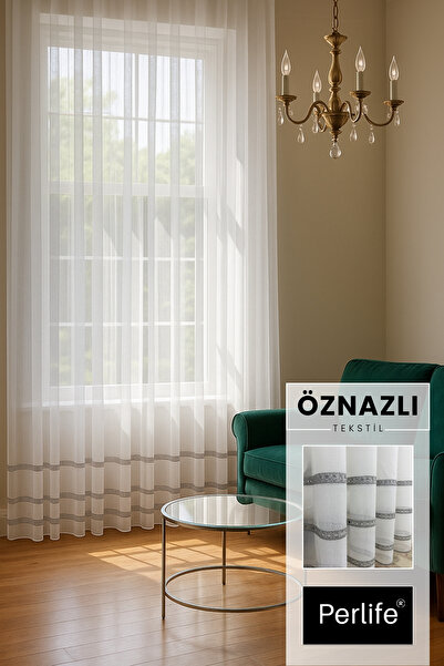 perlife Perdele clasică de lux din tul – 3 rânduri de broderie, cu broderie pe tiv, design elegant cu pliuri freci