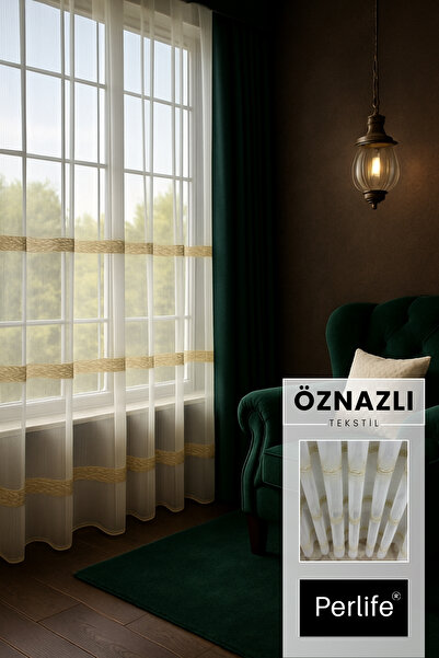 perlife Lüks Klasik Tül Perde – 3 Sıra Brode, Etek Brodeli, Sık Pileli Zarif ...