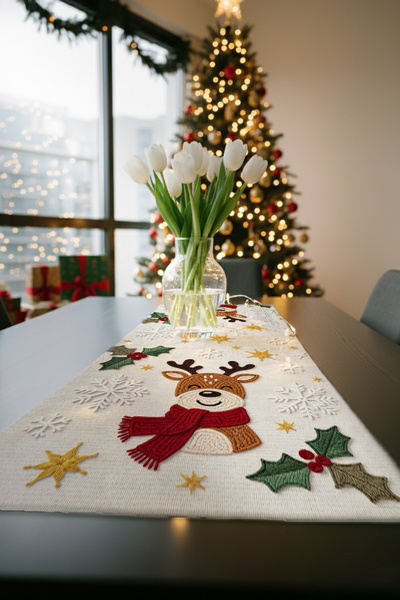 Artvibe Față de masă cremă cu model de cerb cu aspect brodat cu tematică de Anul Nou - imprimat digital
