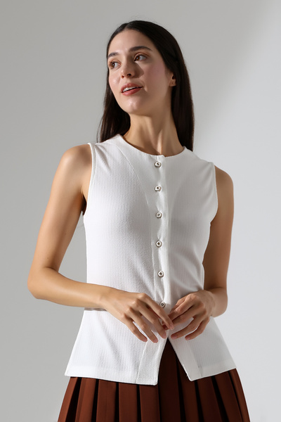 Şiir Γυναικεία μπλούζα και γιλέκο με κουμπιά και υφή - εκρού