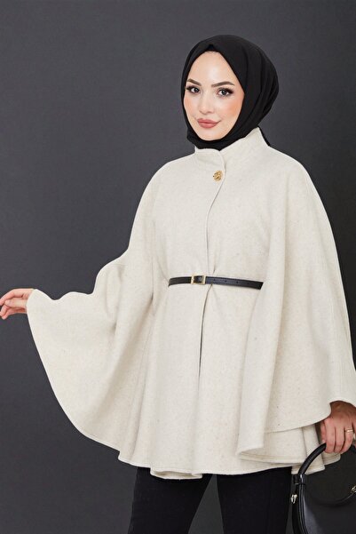 Cochines Γυναικεία κρεμ χρυσή μπροσούρα με κουμπιά και ζώνη ψηλός λαιμός Μαύρο καστανό χρώμα Τουνίκ Μακρύ Πόντσο