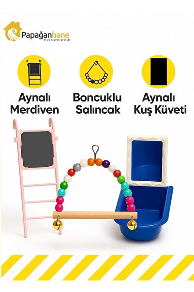 Papağanhane Muhabbet Kuşu Oyuncak Seti – Aynalı Merdiven, Küvet ve Salıncak