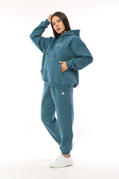 SOCCER Kapüşonlu Lastikli Büyük Beden Kadın Eşofman Takımı Sweatshirt Takım 21712