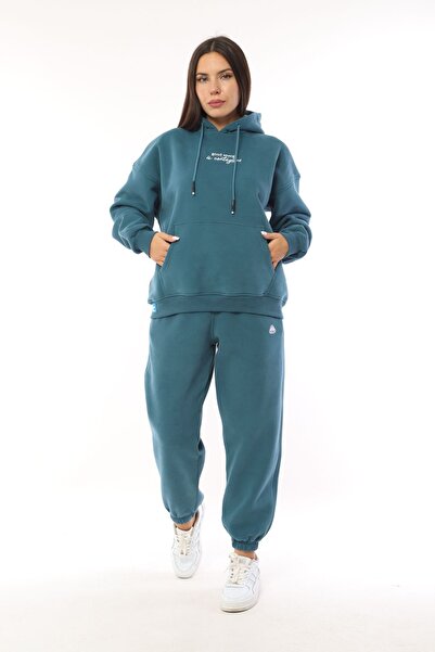 SOCCER Kapüşonlu Lastikli Büyük Beden Kadın Eşofman Takımı Sweatshirt Takım 21712