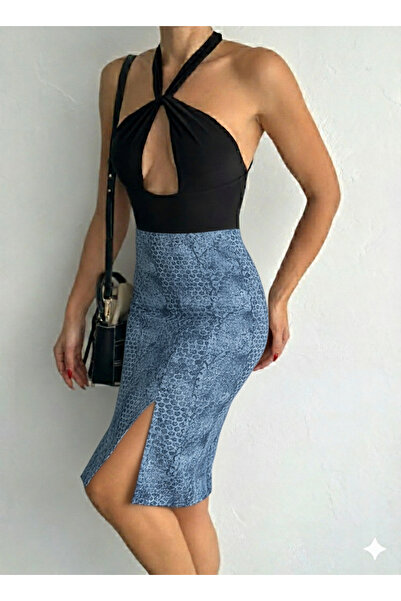 MaxiMor Fusta midi din țesătură licra creion pentru femei, cu talie elastică în față