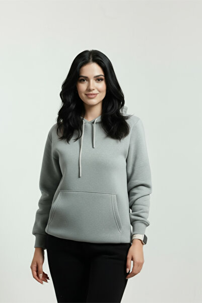 Veleno Hanorac gri pentru femei, cu glugă și buzunar cangur, din țesătură moa...